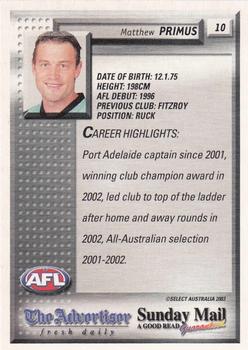 2003 Select The Advertiser-Sunday Mail AFL #10 Matthew Primus Back